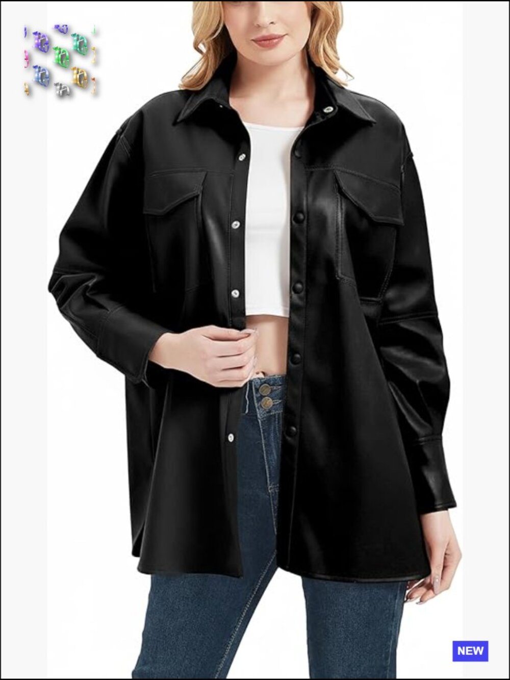 Faux Leather Shacket Jacket Relaxed Fit Lapel Button Down Long Sleeve Casual